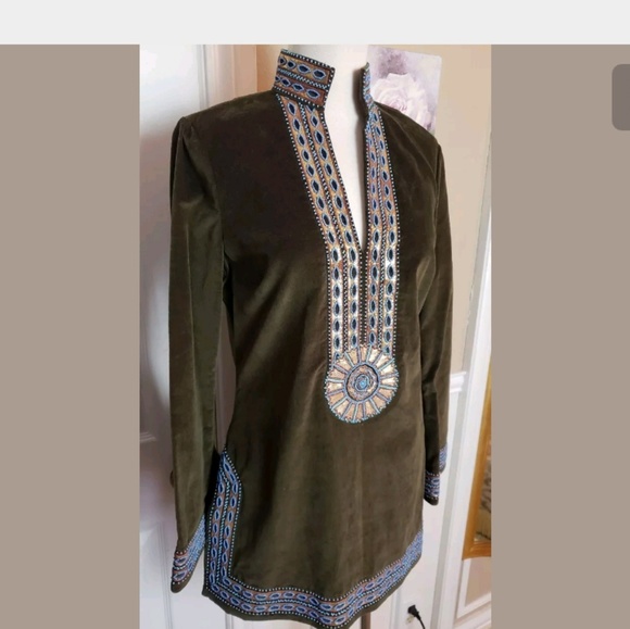 Tory Burch Green Velvet Tunic Beaded size Small - Picture 2 of 8